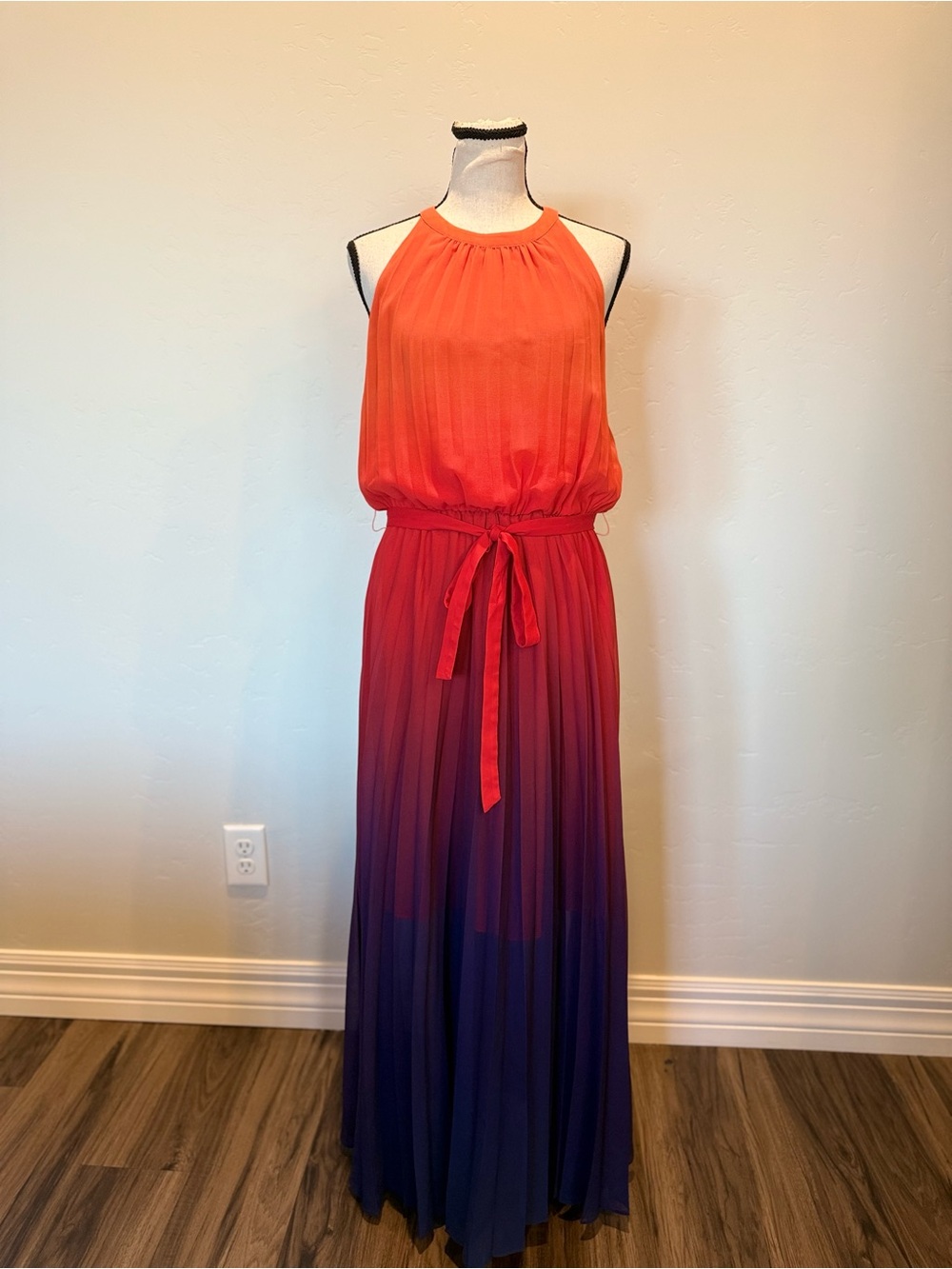 Rachel Roy Pleated Ombre Maxi Dress Orange Purple Halter Tie Waist Size 6 - Picture 8 of 12